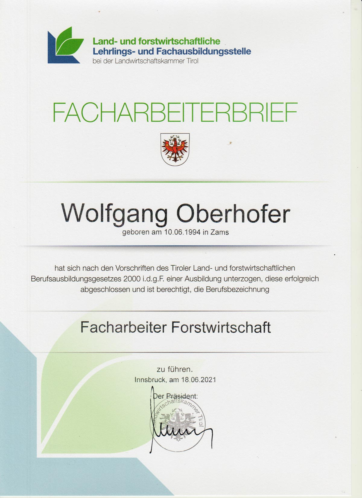 Facharbeiterbrief Wolfgang Oberhofer